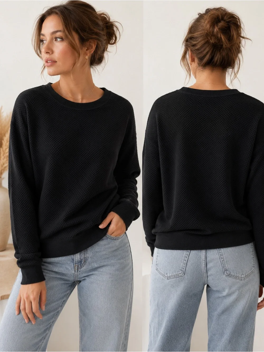 Athleta Merino Wool Blend Black Textured Sweater Women’s Large Crewneck Pullover